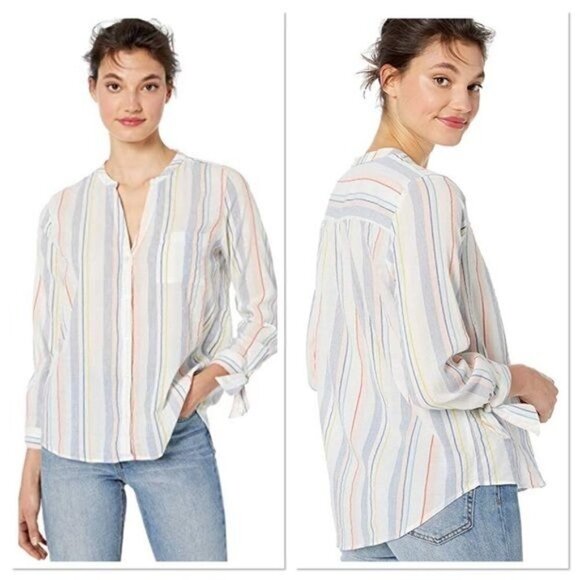 J. Crew Mercantile Tie Sleeve Striped Collarless Button Down Long Sleeve S - Picture 1 of 5
